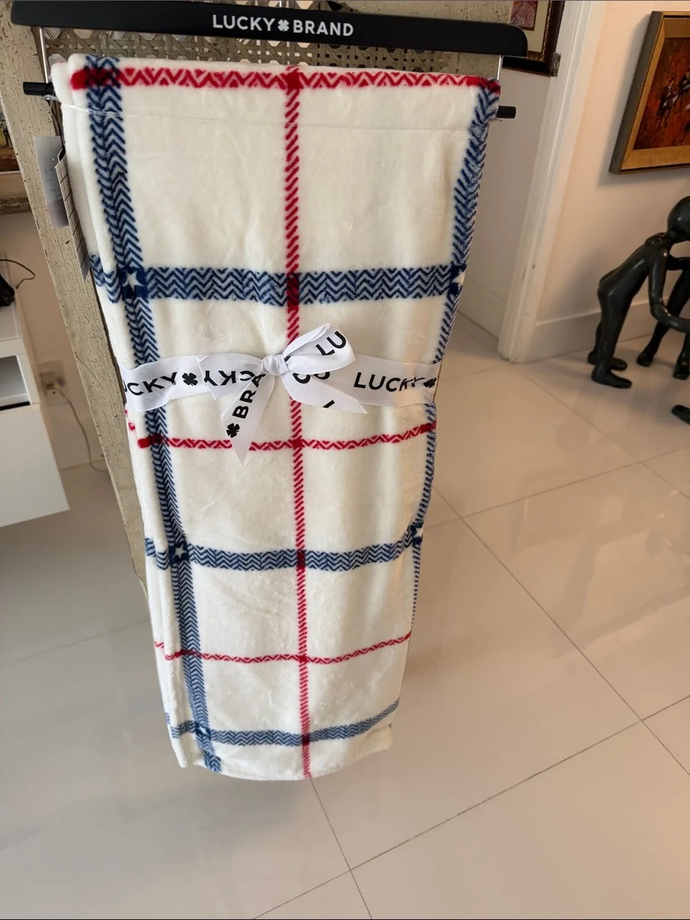 Lucky Brand White/Blue and Red Plaid & Stars Plush Throw Blanket